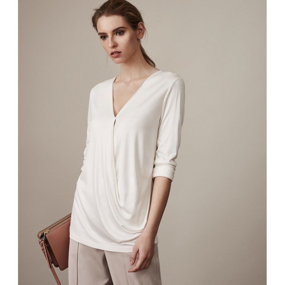 Reiss Rox Draped Wrap Front V-Neck Long Sleeve White Viscose Top Size S